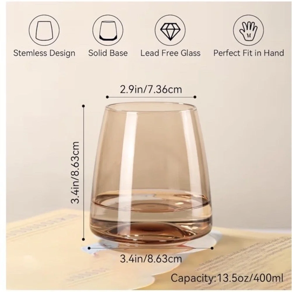 Smokey Grey Stemless Wine Glasses Set of 6-15 oz Hand-Blown Crystal Colored G...